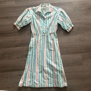 Vintage Striped Button-Front Midi Dress in Mint & Peach